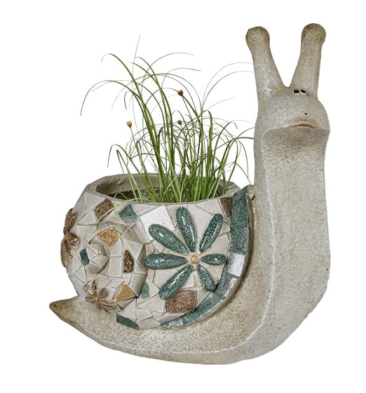 Pflanzgefäß Schnecke Creme mit Blumen Mosaik – dekorativer Blumentopf aus Magnesia, 36 cm