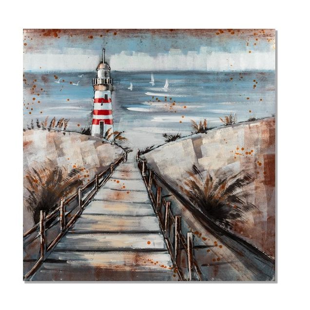 Metall Wandbild Strand und Leuchtturm – handgestaltetes Kunstwerk in beeindruckender 3D Optik