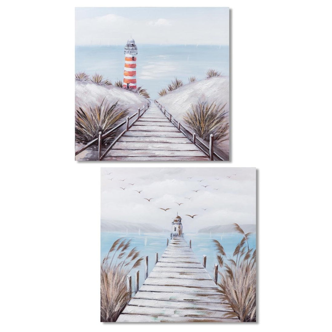 2er Set Wandbild Steg und Leuchtturm – kunstvolle Leinwandbilder in Spachteltechnik