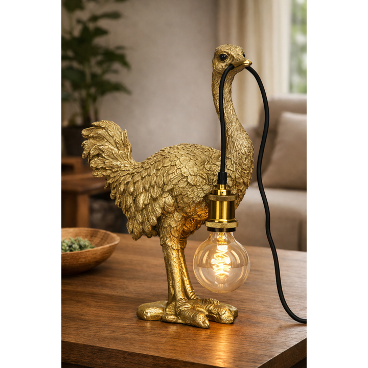Lampe Strauß – dekorative Tischlampe aus Polyresin in Gold