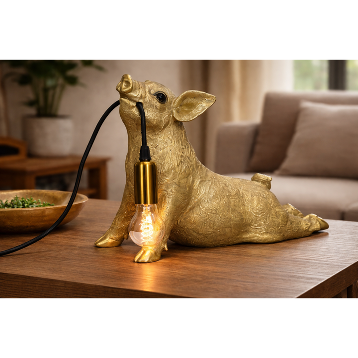 Lampe Schwein – dekorative Tischlampe aus Polyresin in Gold