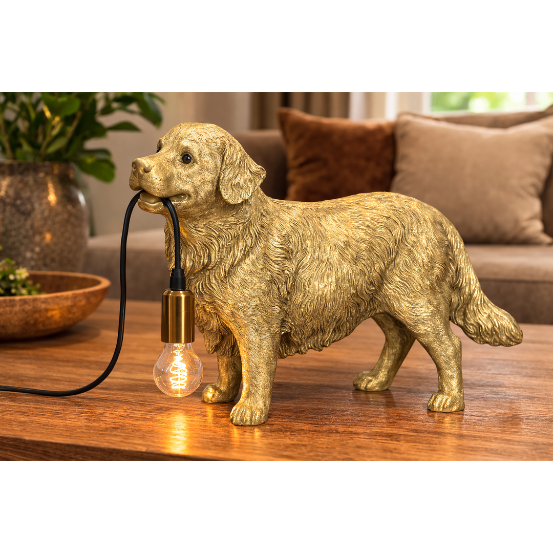 Lampe Hund Golden Retriever – dekorative Tischlampe aus Polyresin in Gold