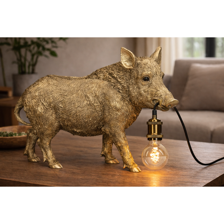 Lampe Wildschwein – dekorative Tischlampe aus Polyresin in Gold