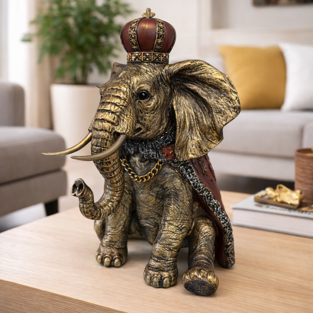 Dekofigur Elefant König – luxuriöse Tierfigur aus Kunstharz in Antik Gold