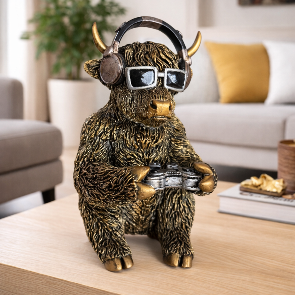 Dekofigur Highland Kuh Gamer – originelle Tierfigur aus Kunstharz in Gold und Braun