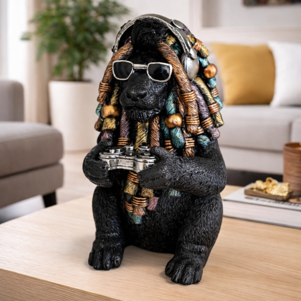 Dekofigur Affe Gamer mit Kopfhörern – stylische Tierfigur aus Kunstharz in Schwarz und Gold