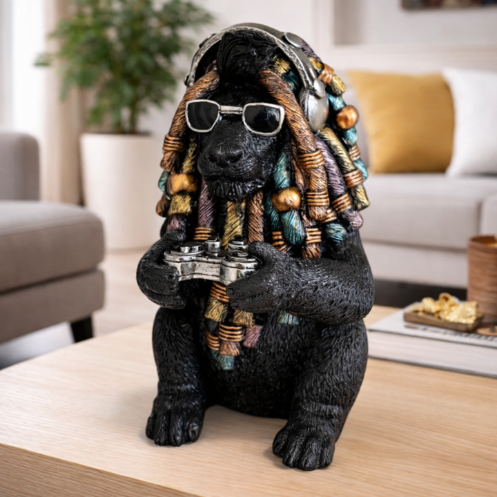 Dekofigur Affe Gamer mit Kopfhörern – stylische Tierfigur aus Kunstharz in Schwarz und Gold