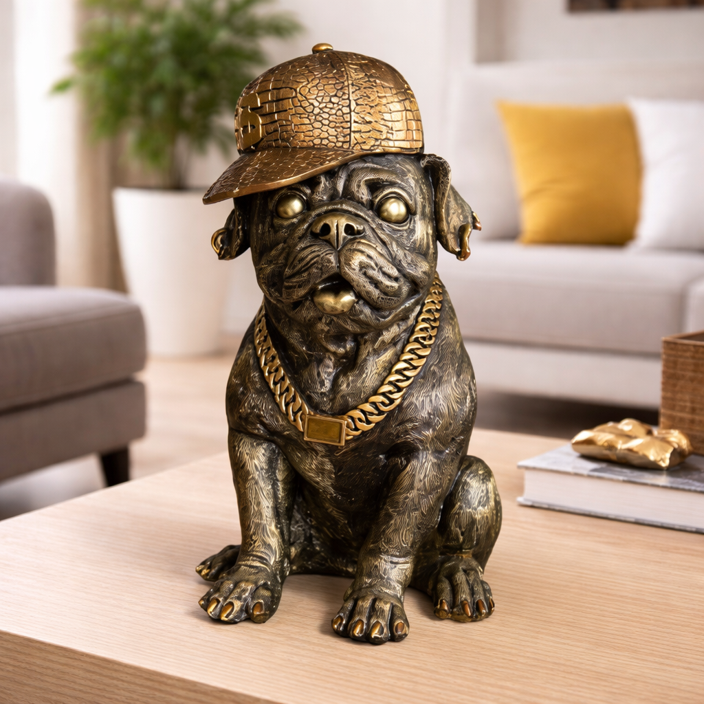 Dekofigur Mops mit Cap und Kette – stylische Tierfigur aus Kunstharz in Gold und Schwarz