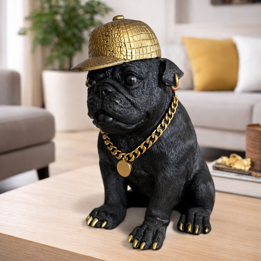 Dekofigur Bulldogge mit Cap – stylische Tierfigur aus Kunstharz in Schwarz und Gold