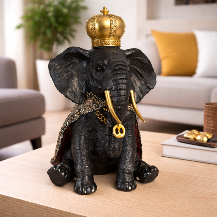 Dekofigur Elefant König – majestätische Tierfigur aus Kunstharz in Schwarz und Gold