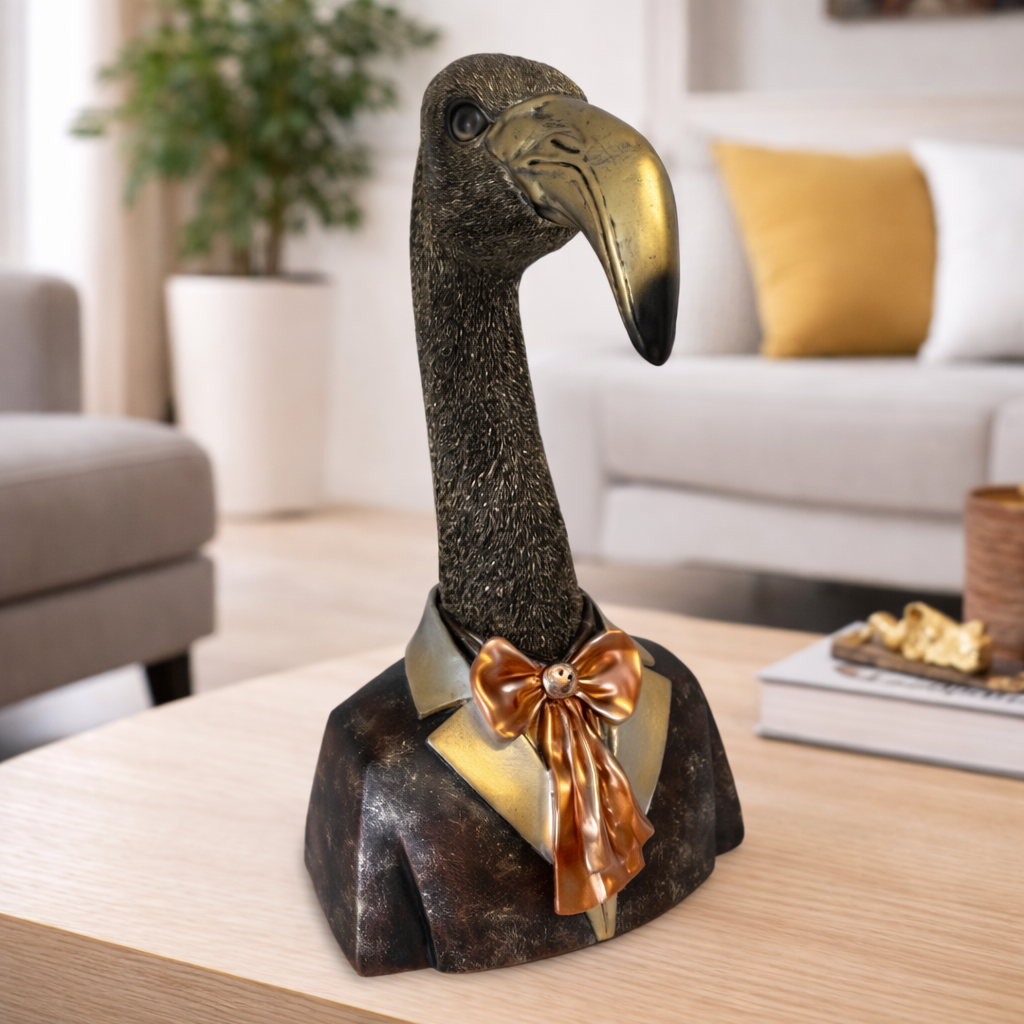 Dekofigur Flamingo Gentleman – elegante Tierfigur aus Kunstharz in Schwarz, Gold und KupferDD