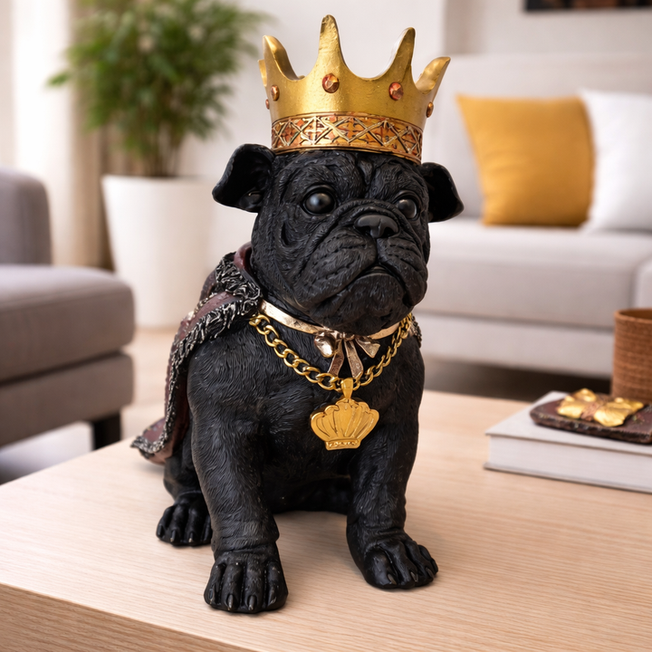 Dekofigur Bulldogge König – majestätische Tierfigur aus Kunstharz in Schwarz und Gold