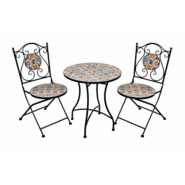 Gartenmöbelset Porto 3 teilig – Tisch rund mit Mosaikplatte und zwei Stühlen im Vintage Stil