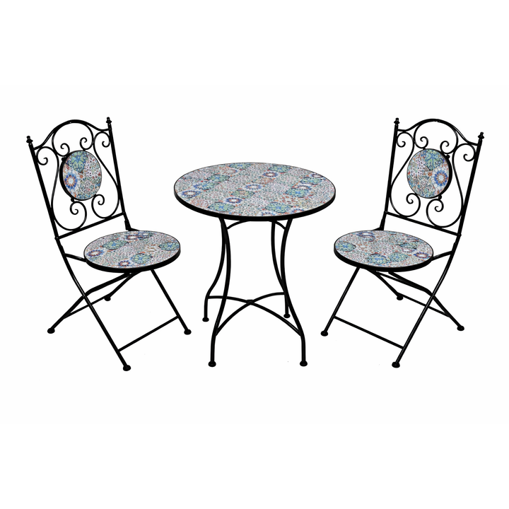 Gartenmöbelset San Remo 3 teilig – dekoratives Bistro Set mit bunten Kacheln