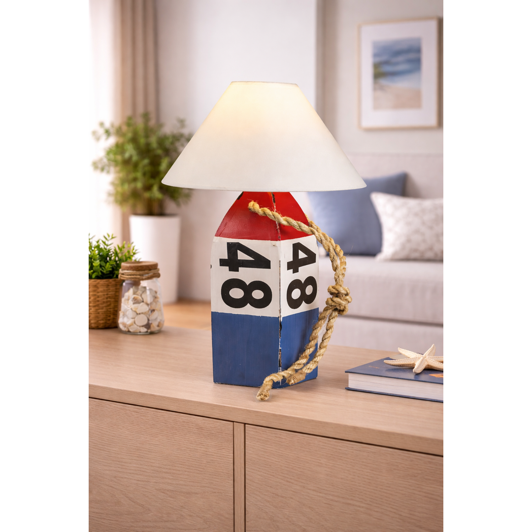 Bojenlampe Leuchtfeuer – maritime Tischlampe aus Holz mit Seil