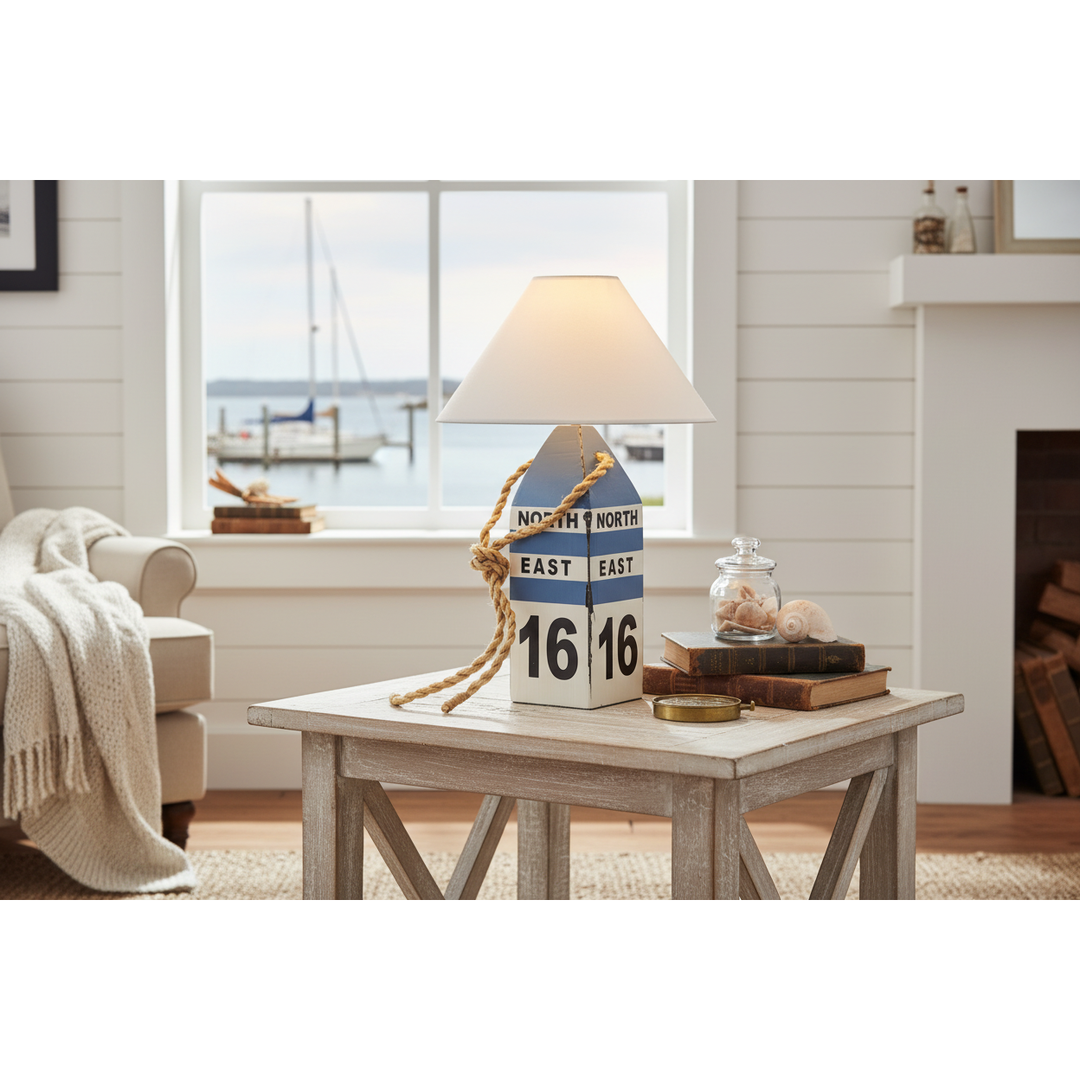 Leuchtfeuerlampe Boje „North East 1616“ – maritime Tischlampe aus Holz im Vintage Stil