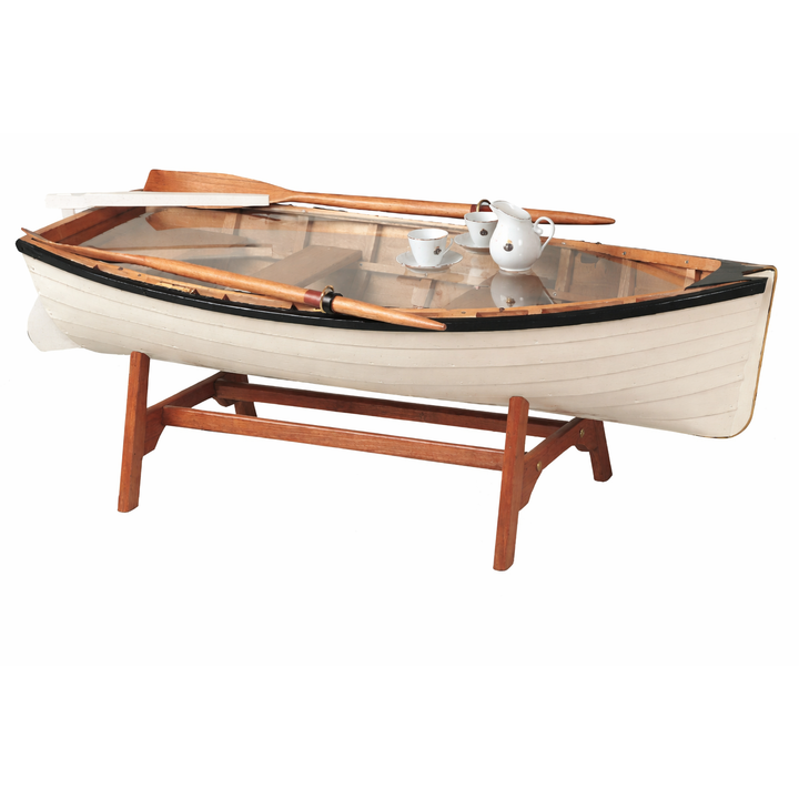 Ruderboot Tisch – maritimer Couchtisch aus Holz mit Glasplatte