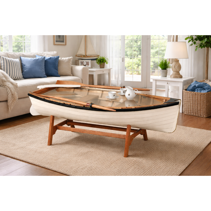 Ruderboot Tisch – maritimer Couchtisch aus Holz mit Glasplatte