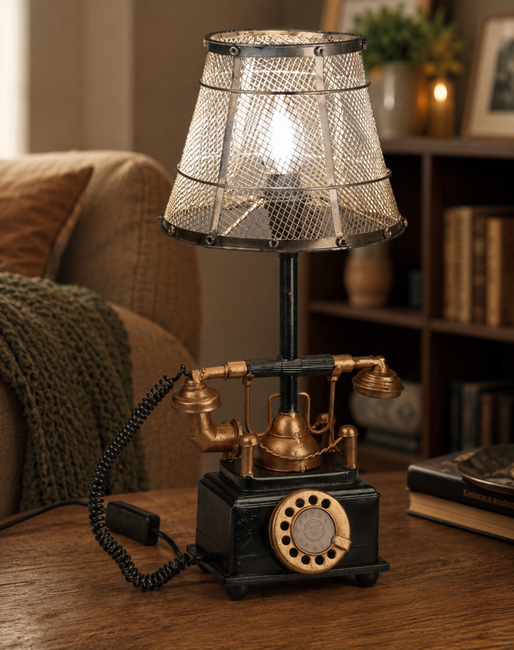 Lampe Telefon Antik aus Metall – Vintage Tischlampe mit Metallschirm