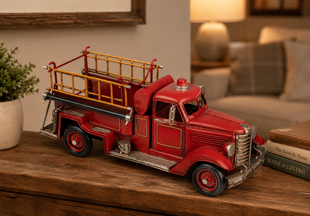 Flaschenhalter Oldtimer Feuerwehrauto aus Metall – nostalgischer Weinflaschenhalter im Vintage Design