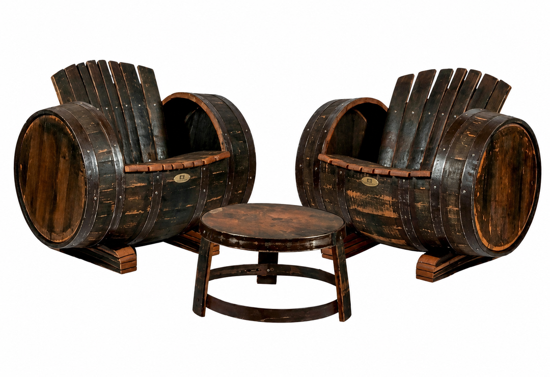 Lounge Set Whisky aus Eichenholz – 2 Fass Sessel mit Tisch im rustikalen Design