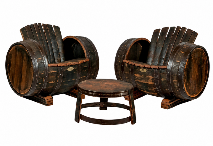 Lounge Set Whisky aus Eichenholz – 2 Fass Sessel mit Tisch im rustikalen Design