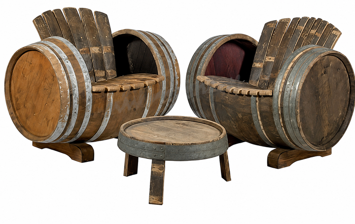 Lounge Set Brandy unbehandelt aus Eichenholz, 2 Fass Sessel mit Tisch im rustikalen Design
