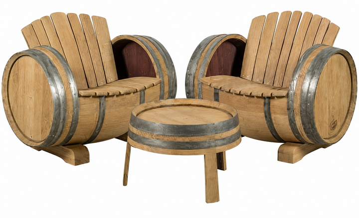 Weinfass Lounge Set Ruby aus Eichenholz, außergewöhnliche Fassmöbel für Bar und Wohnraum