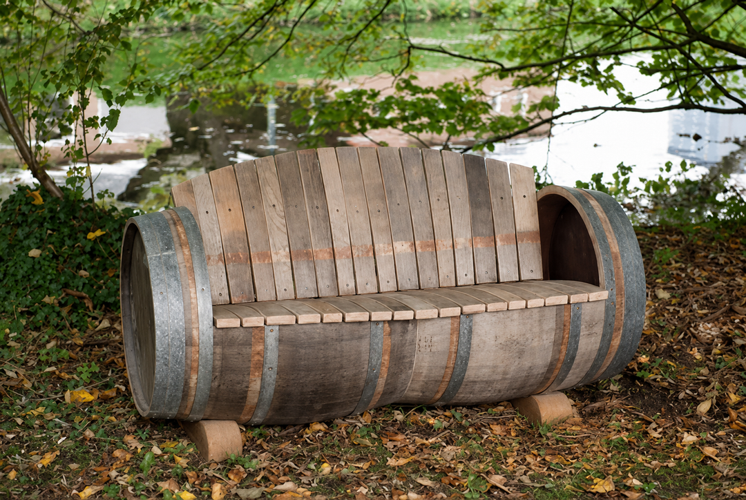 Weinfassbank Brandy unbehandelt aus Eichenholz, rustikale Fass Bank im natürlichen Design, 150 cm