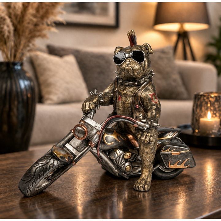 Dekofigur Bulldogge auf Motorrad 35 cm – außergewöhnliche Tierfigur in Antik Gold