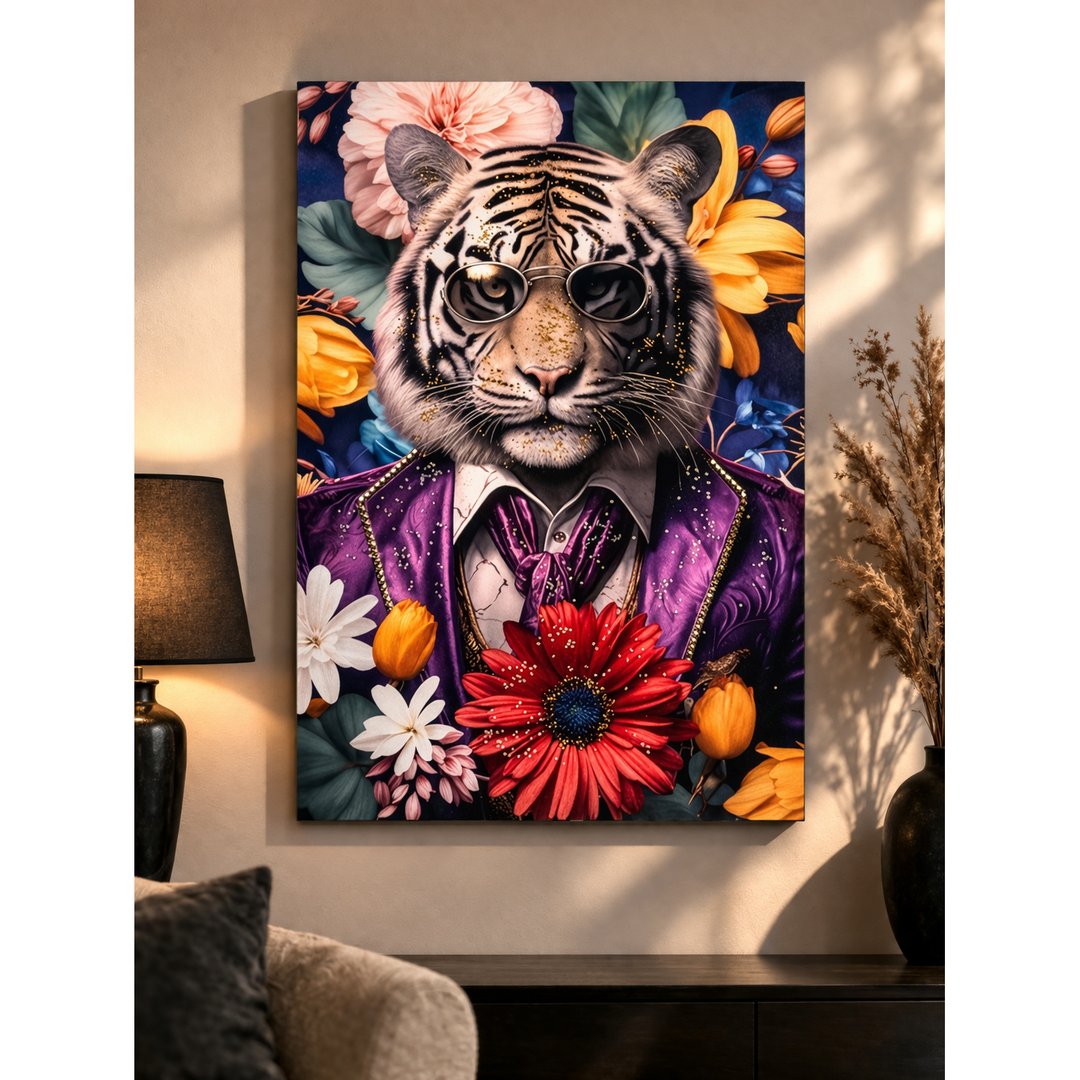 Wandbild Raubtier im Anzug – luxuriöse Leinwandkunst mit Acryl-Steinen 60 × 90 cm