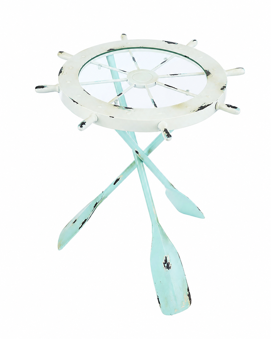 Stehtisch Steuerrad mit Glasplatte und Rudergestell – maritimer Beistelltisch aus Metall, 62 cm