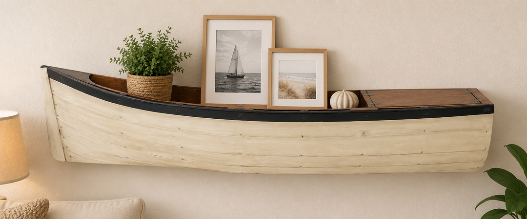 Wandregal Fischerboot aus Holz – maritimes Hängeregal mit Fächern, 90 cm