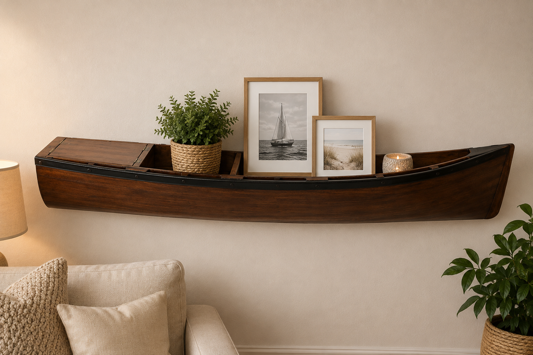Wandregal Fischerboot aus Holz Dunkelbraun – maritimes Hängeregal mit Fächern, 90 cm