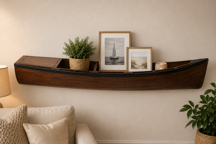 Wandregal Fischerboot aus Holz Dunkelbraun – maritimes Hängeregal mit Fächern, 90 cm