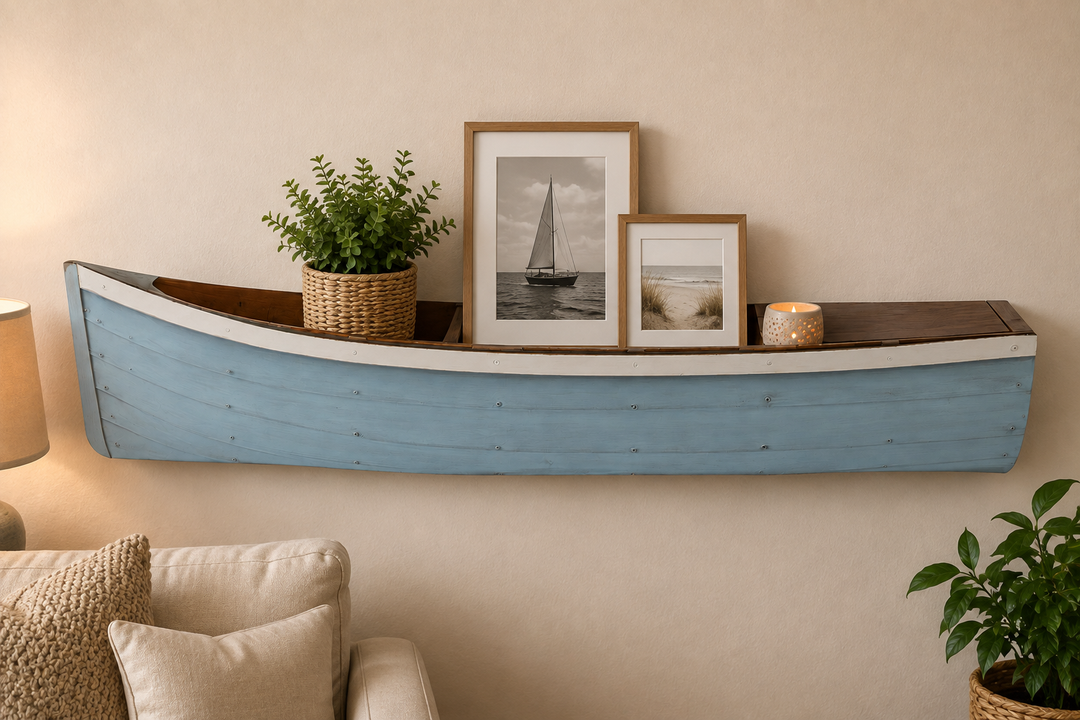 Wandregal Fischerboot Hellblau aus Holz – maritimes Hängeregal mit Fächern, 90 cm