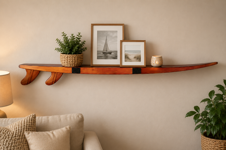 Surfboard Wandregal aus Zedernholz und Pappelholz – handgefertigtes Regal im Surf Design, 176 cm