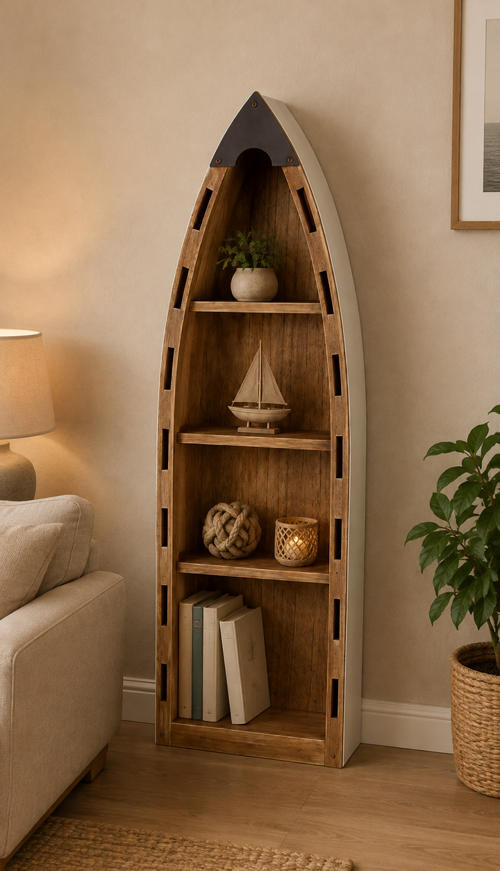 Fischerboot Standregal aus Holz – maritimes Standregal mit 4 Ablagefächern, 81 cm
