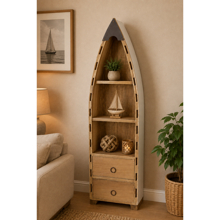 Fischerboot Standregal mit Schubladen aus Holz – maritimes Regal mit 2 Schubladen und 3 Ablagefächern, 119,5 cm