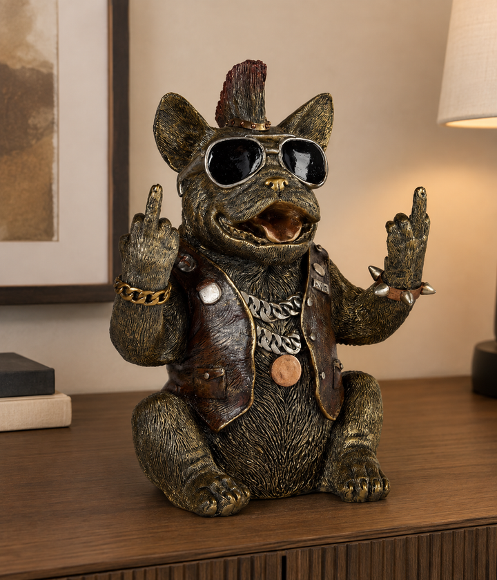 Deko Bulldogge Punker aus Kunststein in Antik Gold – originelle Hundefigur mit handbemalten Details, 27 cm