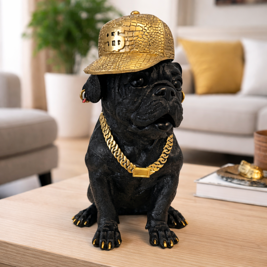 Dekofigur Bulldogge mit Cap – stilvolle Tierfigur aus Kunstharz in Schwarz Gold