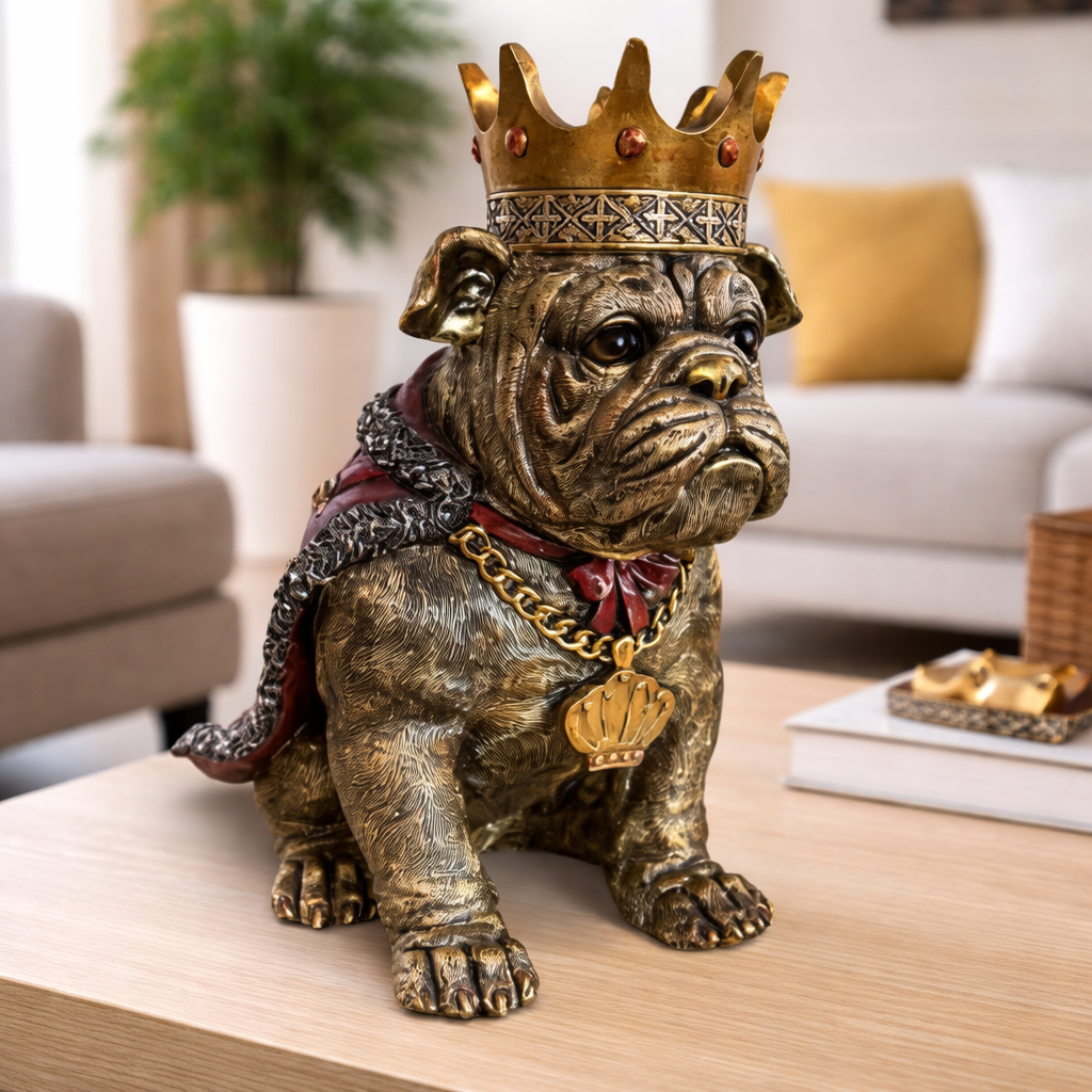 Dekofigur Bulldogge König – luxuriöse Tierfigur aus Kunstharz in Antik Gold