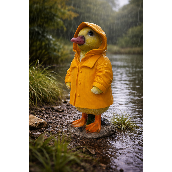Dekofigur Ente mit Regenmantel – charmante Tierfigur aus Kunstharz in Gelb und Orange