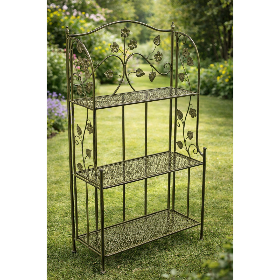 Regal Evergreen – dekoratives Metallregal in Antikgrün mit Blumen Applikationen
