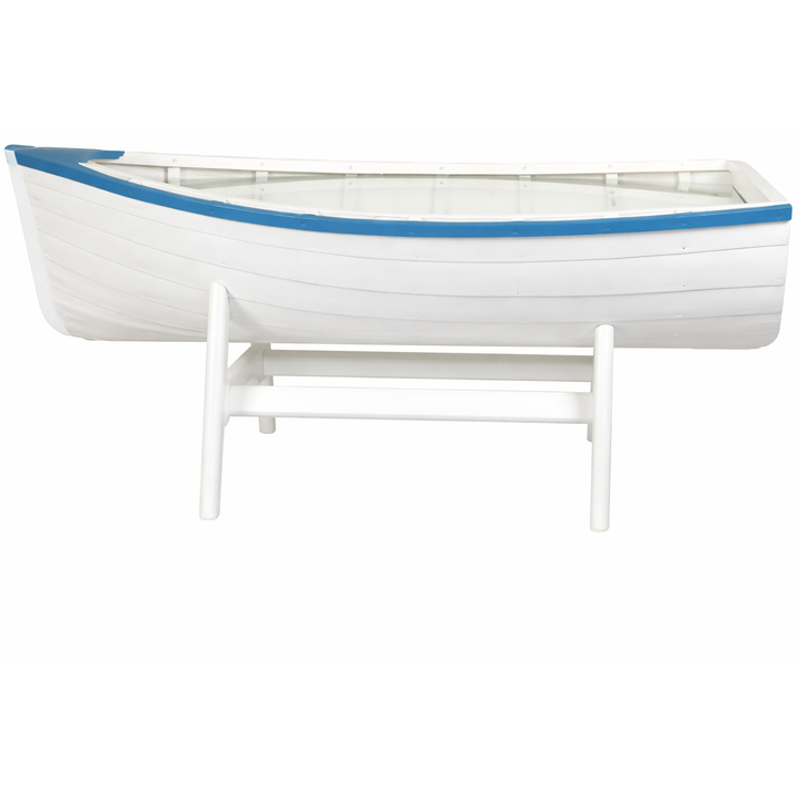Ruderboot Tisch kompakt – maritimer Couchtisch aus Lindenholz mit Glasplatte