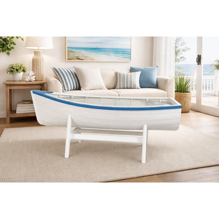 Ruderboot Tisch kompakt – maritimer Couchtisch aus Lindenholz mit Glasplatte