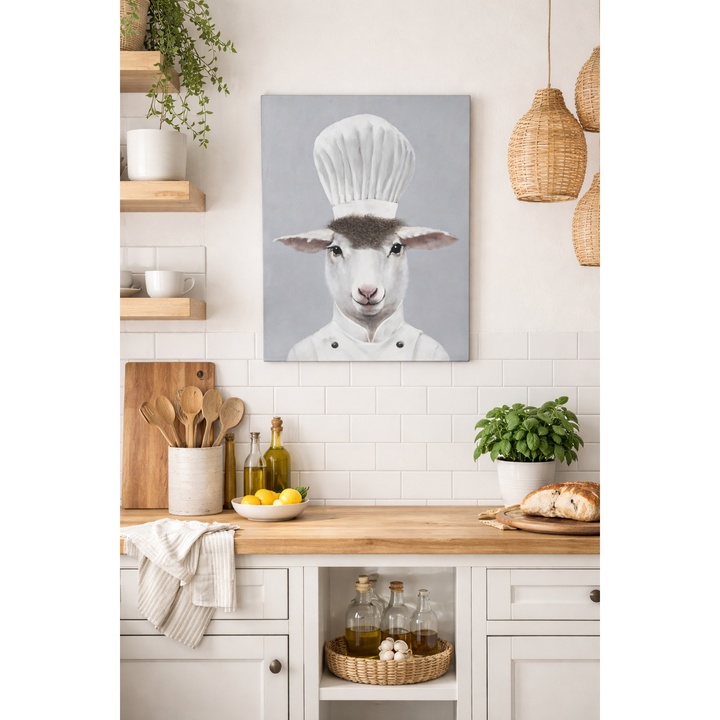 Bild Schaf als Koch Art with Real Touch / Leinwandbild mit echtem Haareffekt