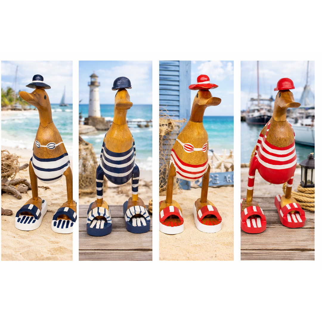 Deko Ente Badefreunde – 25 cm – maritime Holzfigur in Rot Weiß mit sommerlichem Küstencharme