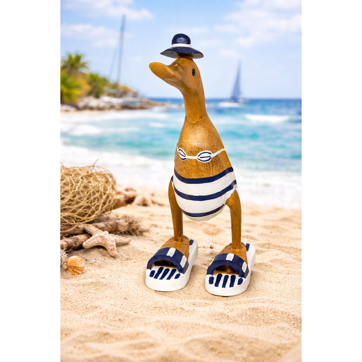 Deko Ente Badefreunde – 25 cm – handgefertigte Holzfigur im maritimen Strandlook