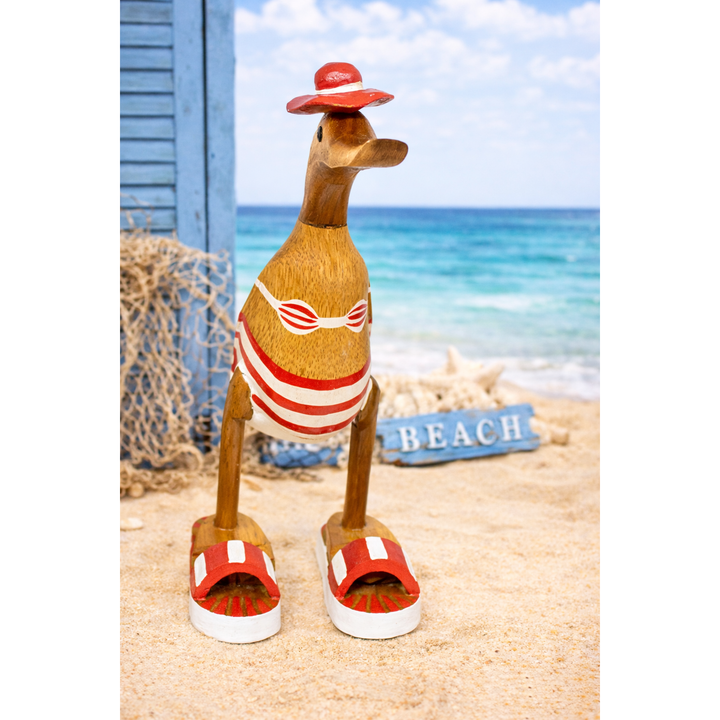 Deko Ente Badefreunde – 25 cm – maritime Holzfigur in Rot Weiß mit sommerlichem Küstencharme